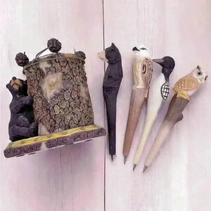 4 Hand Carved Wooden Animal Pens 1 Bear Hugging Log Holder 5 Pc Rustic Cabin